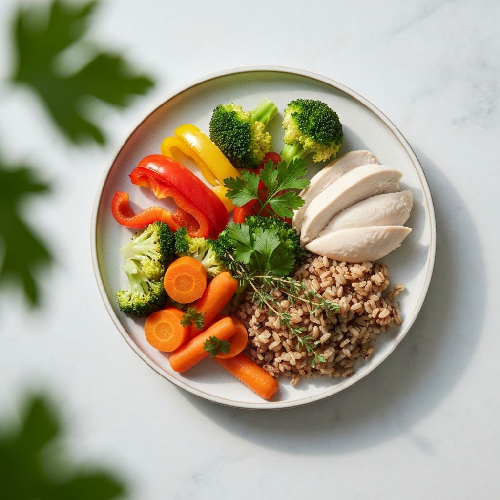 Professionally arranged balanced meal plate with vegetables and protein